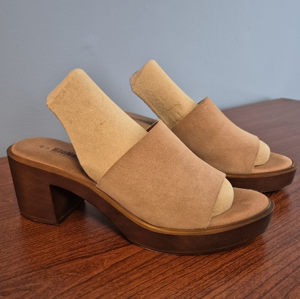 BioNatura  Suede Italian Leather Sock Open Toe Heels Wood Look Sole Sandals(9)